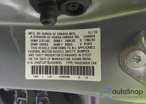 2018 Honda Civic Ex from USA, damaged, VIN 2HGFC2F78JH529955